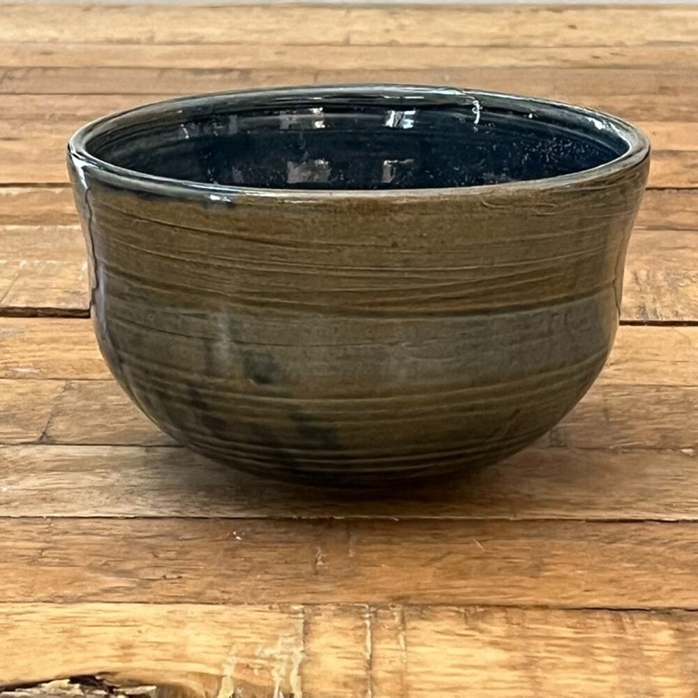 Studio Art Pottery Ceramic Bowl 5.5" Dark Blue Green Striped Glaze